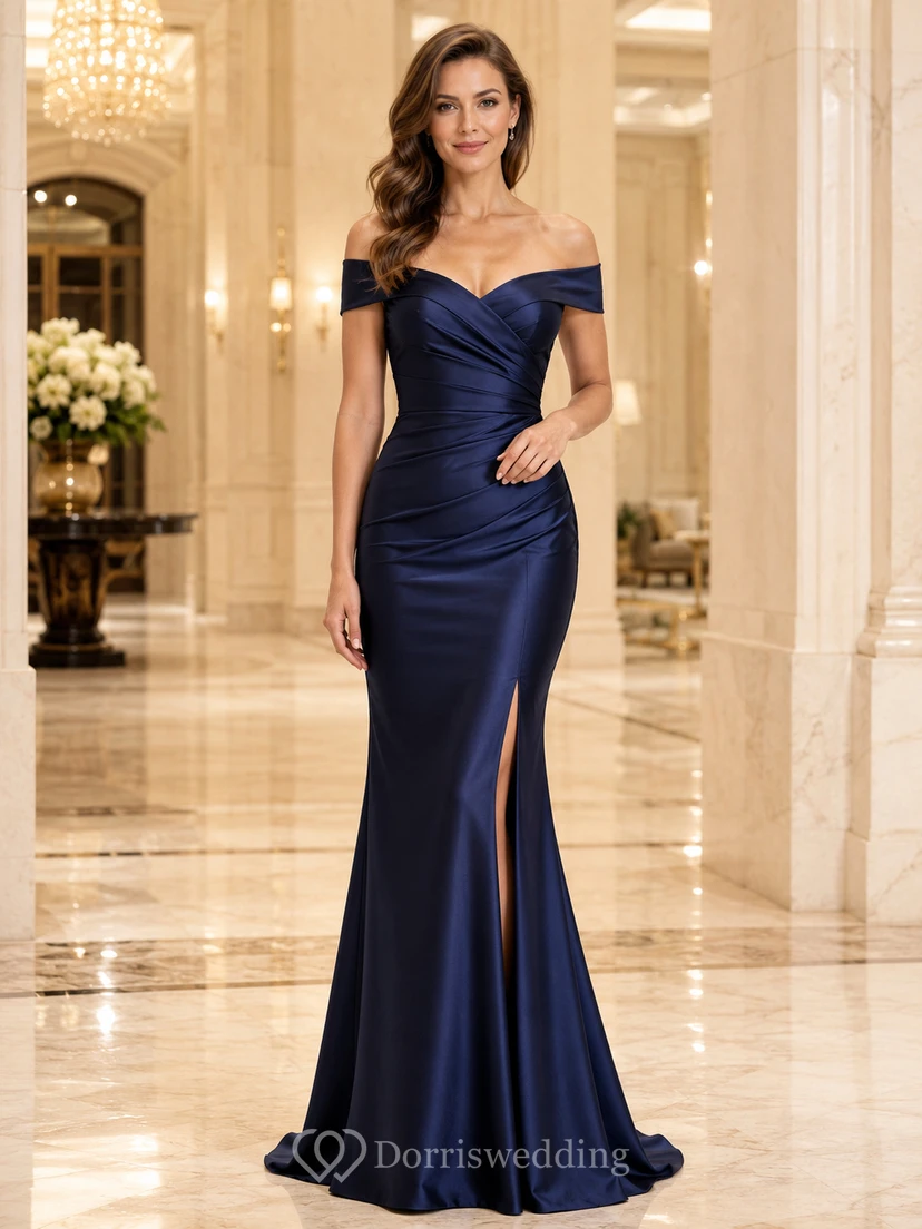 Dunkelblaues schulterfreies Meerjungfrauenkleid aus Satin mit Schlitz
