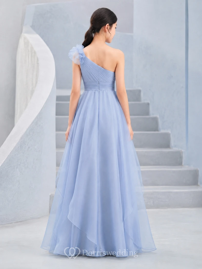 Himmelblaues Brautjungfernkleid für junge Damen, A-Linie, One-Shoulder, ärmellos, Organza, romantisch view 2