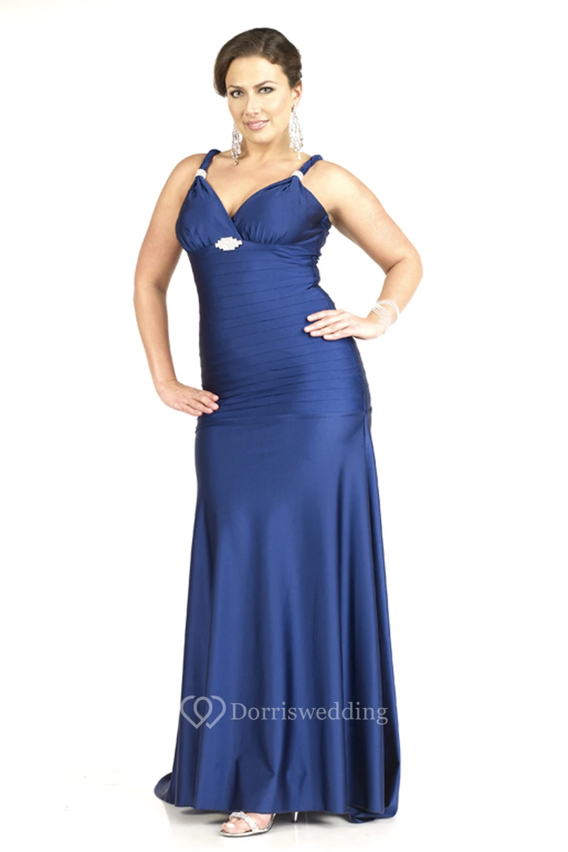 Sheath Floor-length V-neck Sleeveless Satin Ruching Sweep Train Low-V Back Dress view 3