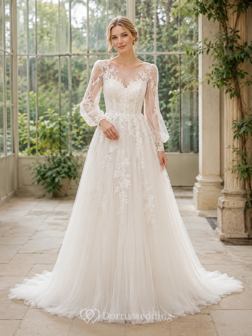 Robe de mariée classique en dentelle et tulle illusion, col montant, manches longues, coupe trapèze, traîne chapelle, ornée d'appliqués floraux.