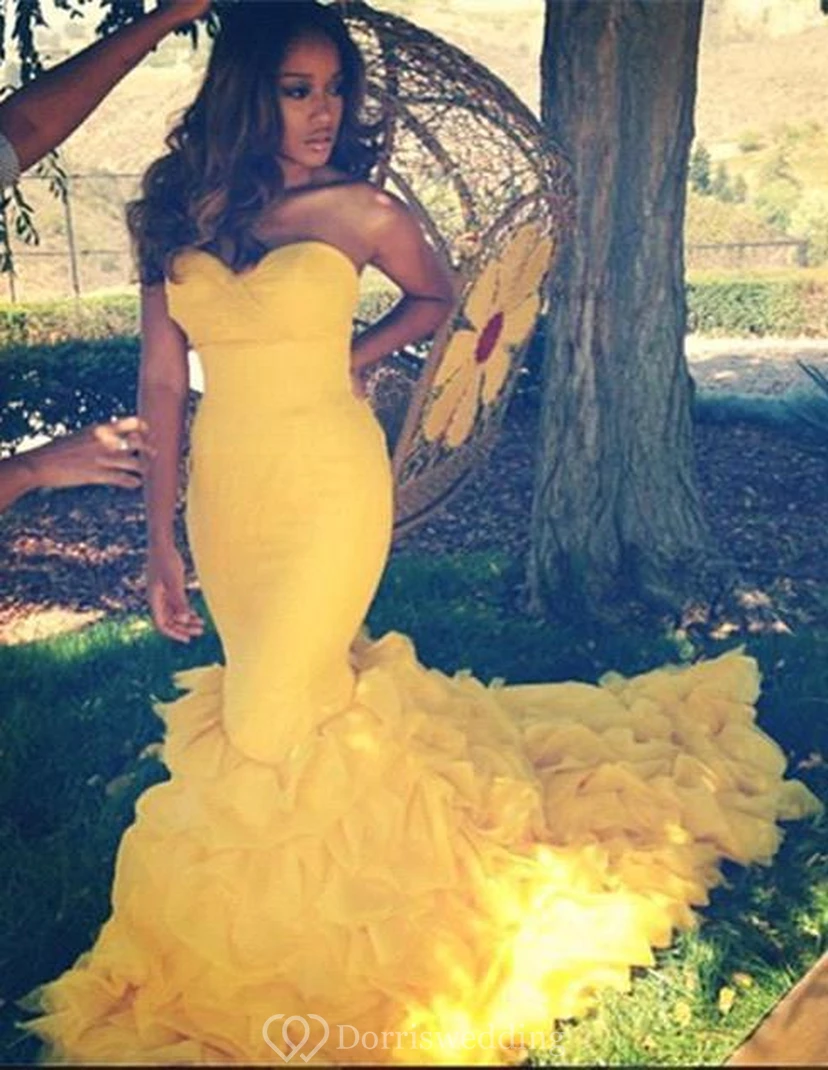 Gorgeous Sweetheart Yellow Prom Dresses Mermaid With Train