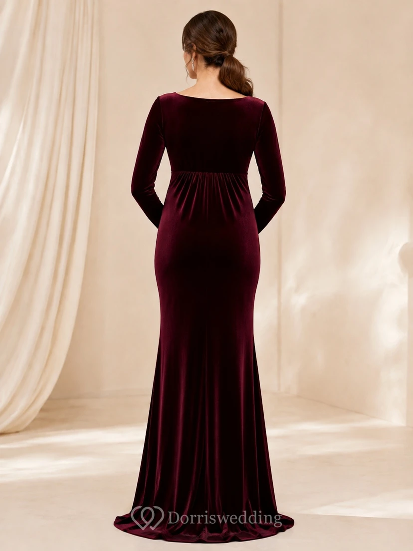 Burgundy Velvet Ruched Square Neck Long Sleeve Empire Maternity Gown view 2