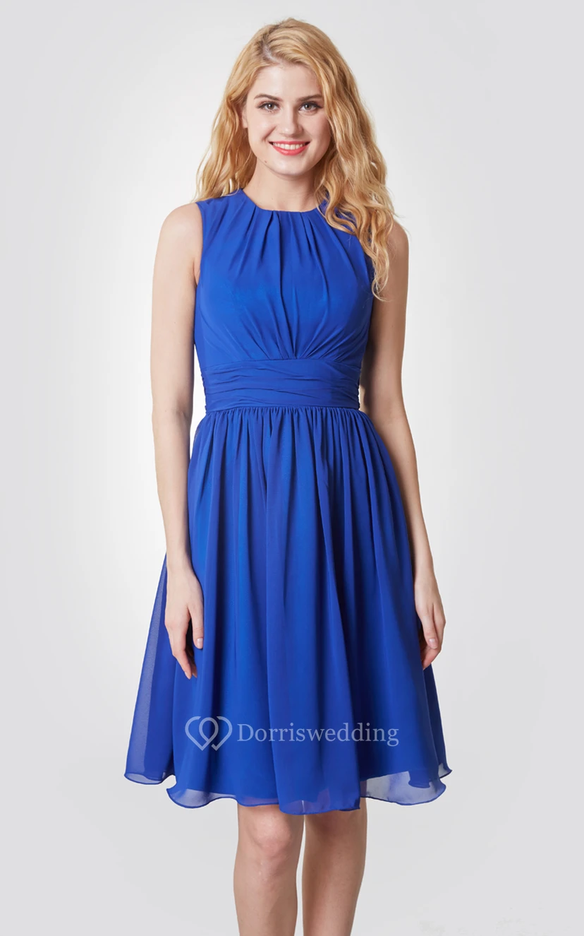 Elegant High Neck Pleated Short Chiffon Dress With Sash view 2