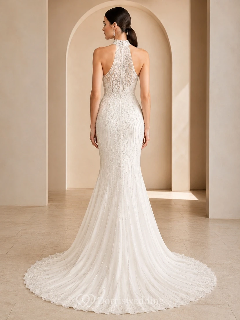 Vestido de novia formal elegante con escote halter y estilo sirena. view 2