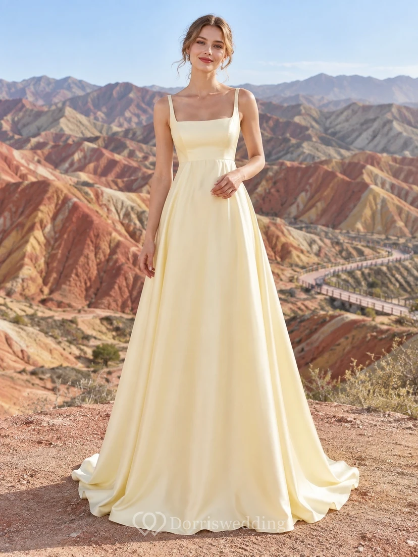 Vestido de novia sencillo de satén sin mangas con escote cuadrado y estampado imperio de narcisos