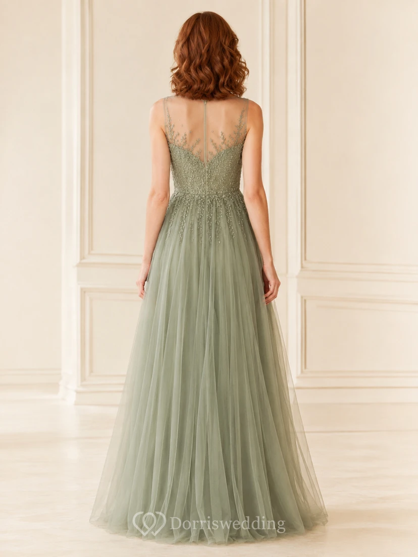 Salbeigrünes Tüll-A-Linien-Kleid mit Illusionsausschnitt view 2
