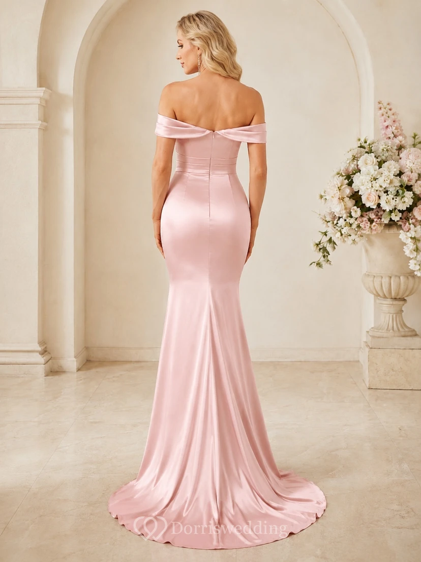 Blushing Pink Ruched Off-Shoulder Mermaid Floor-Length Satin Sweep Train Sexy Prom Gown view 2