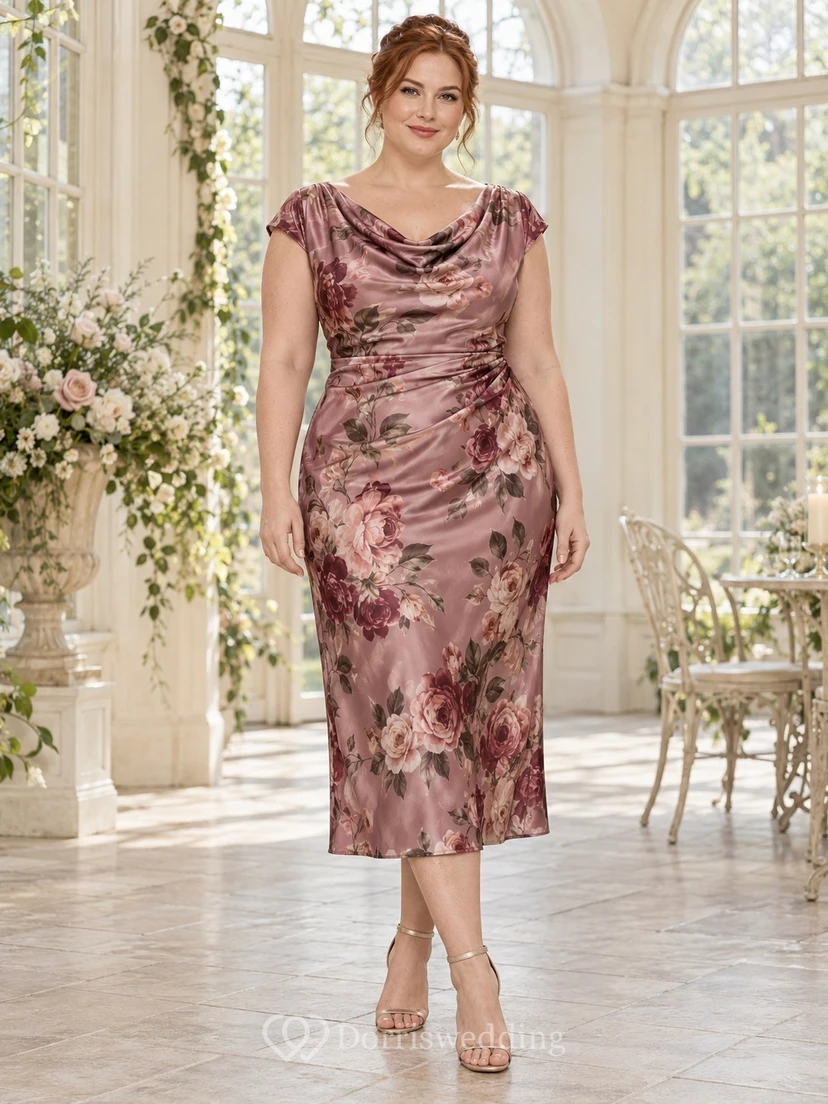 Vestido de fiesta vintage de talla grande color malva con estampado floral, cuello drapeado, sin mangas, de satén, largo hasta la rodilla.