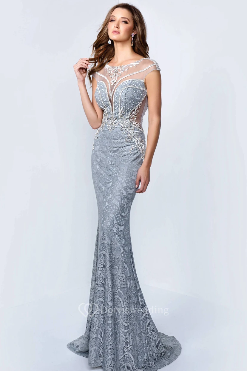 Sheath Maxi Scoop-Neck Cap-Sleeve Lace Illusion Dress With Beading And Appliques