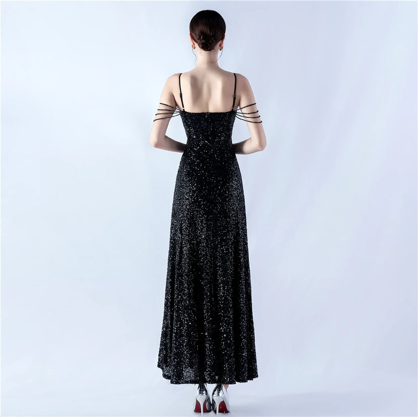 Sling A-Line Large Swing Mesh Sequin Evening Dress view 2