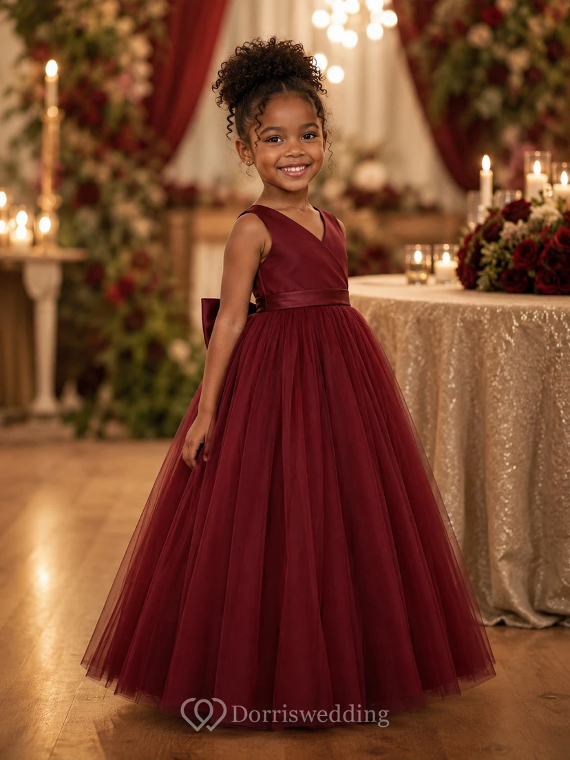 Water Melon V-neck Sleeveless A-line Tulle Pleated Flowergirl Dress view 5