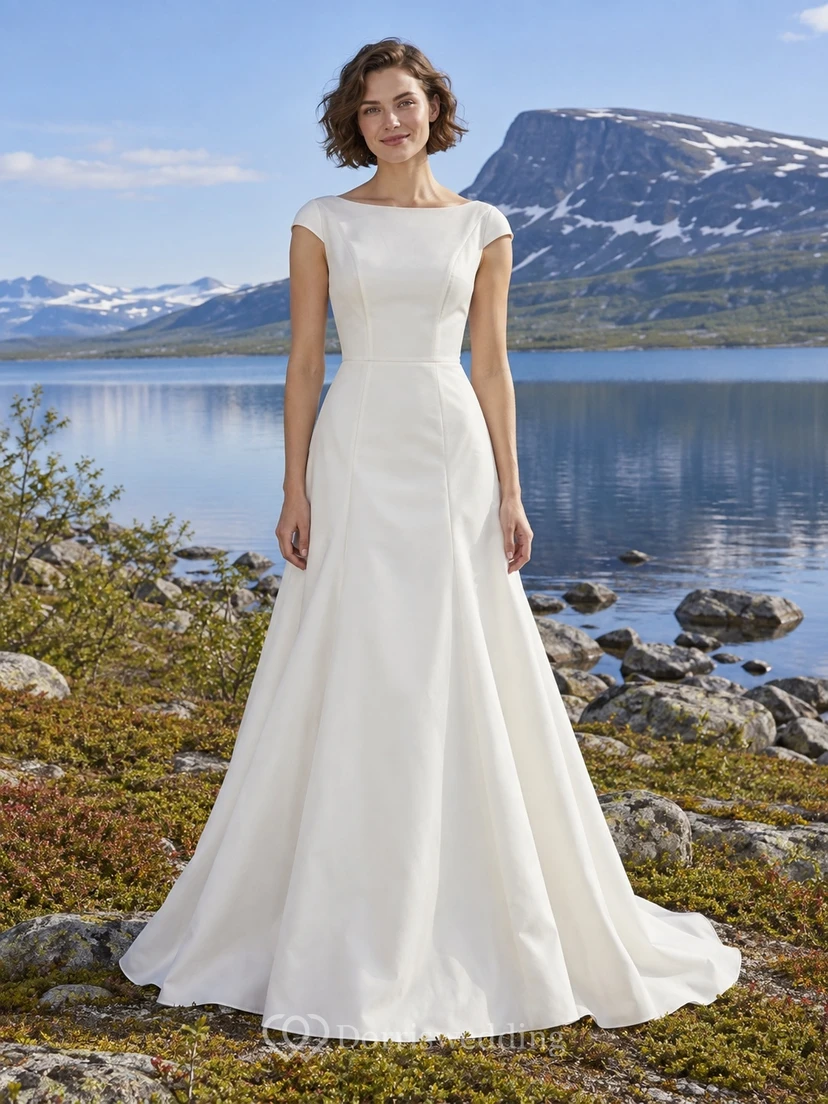 Vestido de novia sencillo y discreto de popelina de algodón, corte en A, con escote barco y mangas cortas.