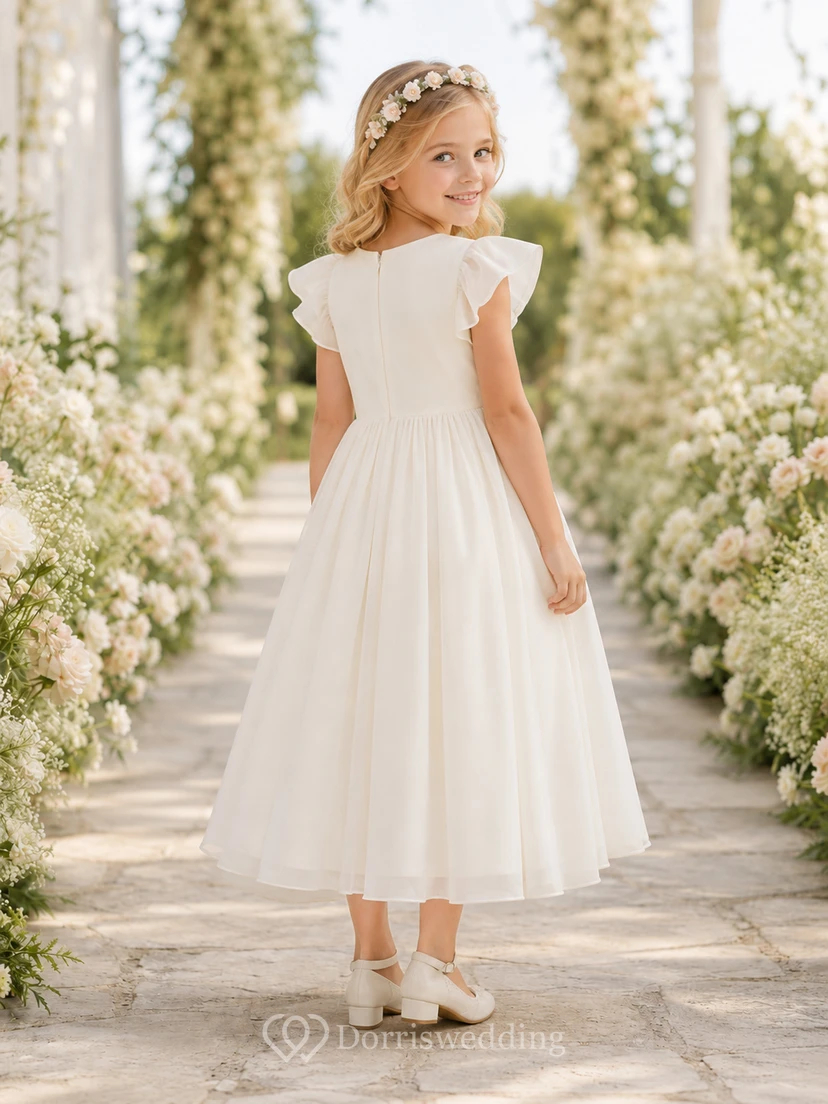 Elegant Romantic Chiffon Jewel Neck Petal Sleeve Tea-Length A-Line Garden Flower Girl Dress view 2