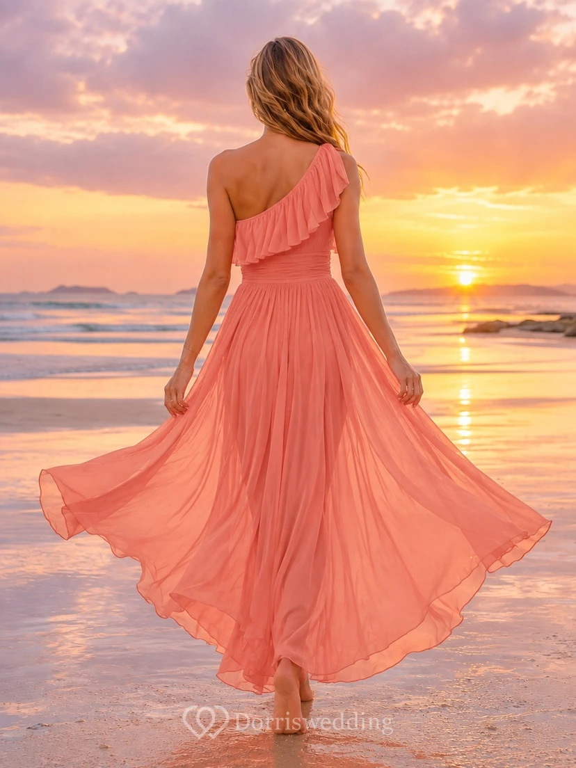 Coral Bohemian One-Shoulder Sleeveless Chiffon A-Line Floor-Length Formal Dress view 2