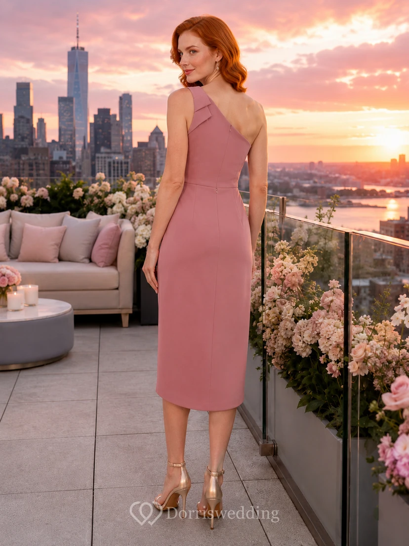Robe de cocktail midi fourreau asymétrique rose poudré à fente et épaule dénudée view 2