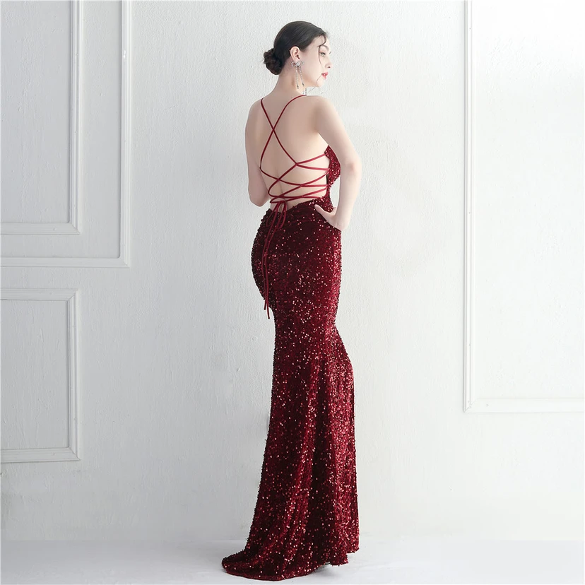 Vestido largo de noche con cola de pez, estilo europeo y americano, con lentejuelas y parte inferior de terciopelo. view 35