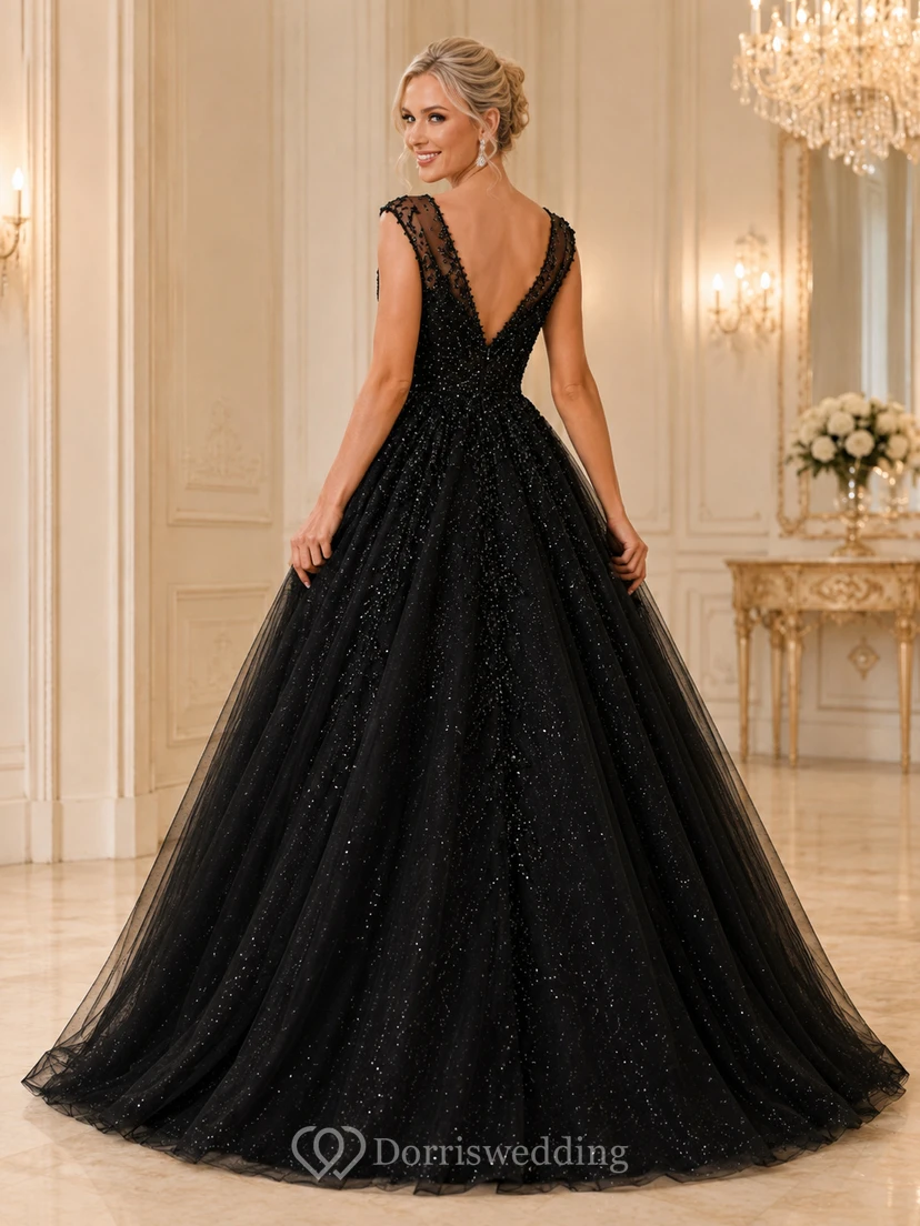 Sternenklares Atrium Schwarzes Ballkleid Bodenlang V-Ausschnitt Ärmellos Tüll Luxus Abiballkleid view 2