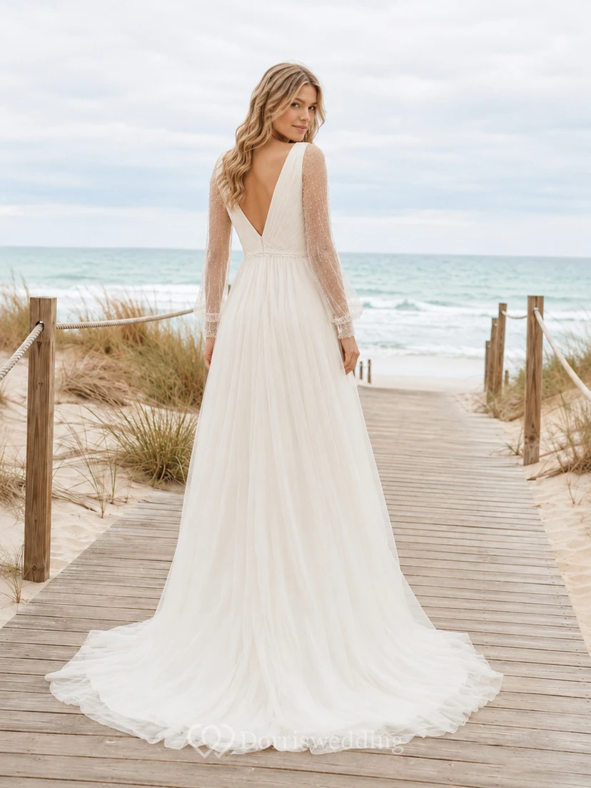 Boho Wrap V Neck Long Illusion Lace Sleeve Tulle A-Line Sweep Beach Wedding Gown view 2