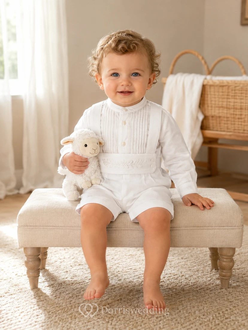 LDS Weißes Langarm-Leinen-Höschen-Set mit Hosenträgern und Segensgruß für Babys