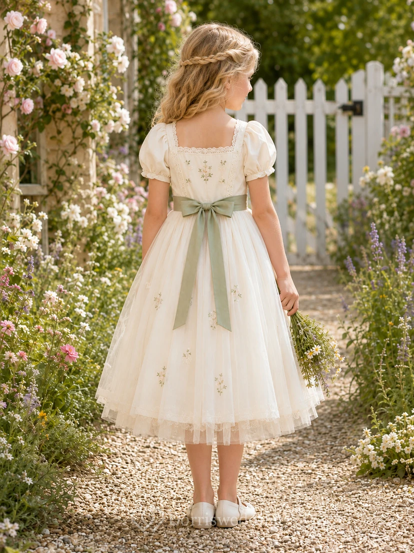 A-Line Flowergirl Floral Print Tulle Tea-Length Puff Sleeve Cottagecore Wedding Dress view 2
