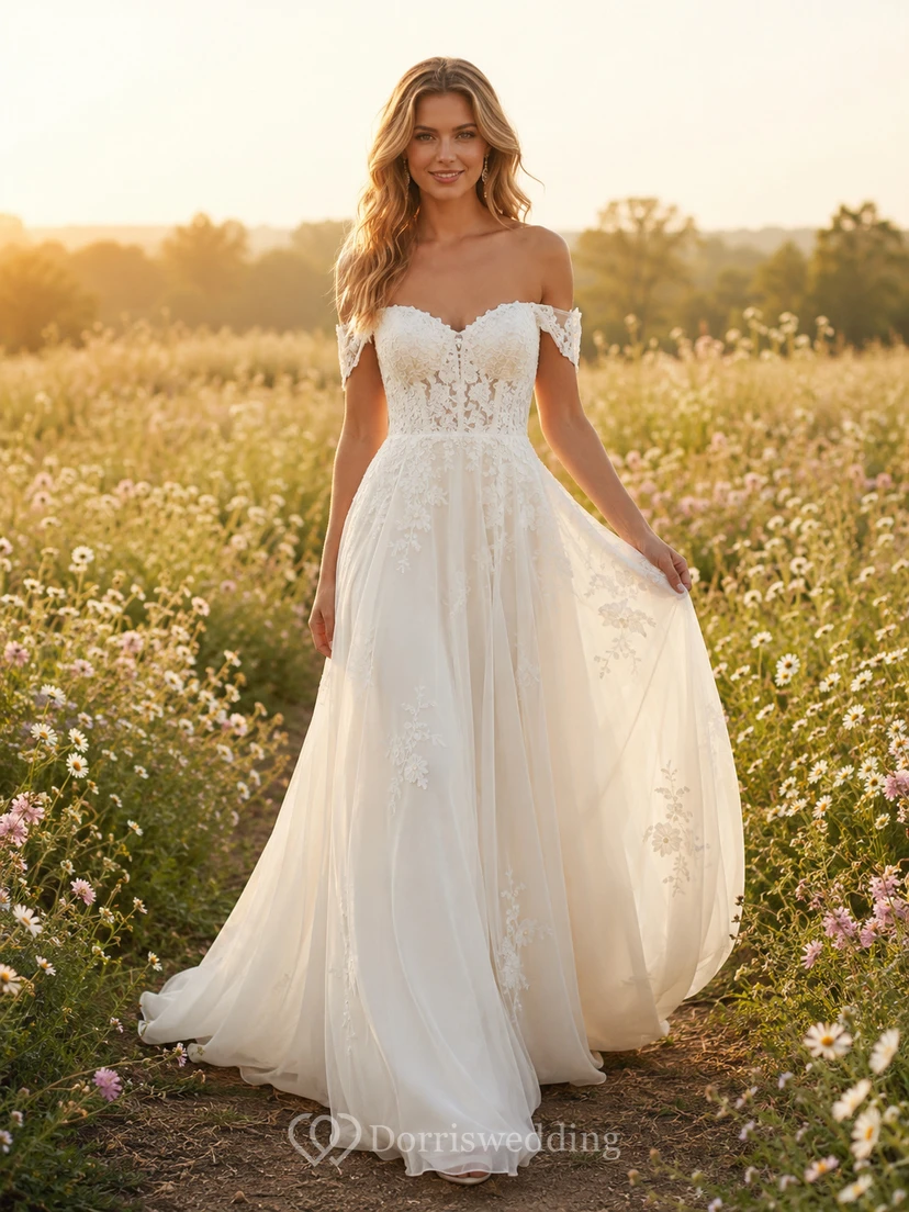 Boho Off Shoulder Lace Bodice Chiffon Wedding Dress