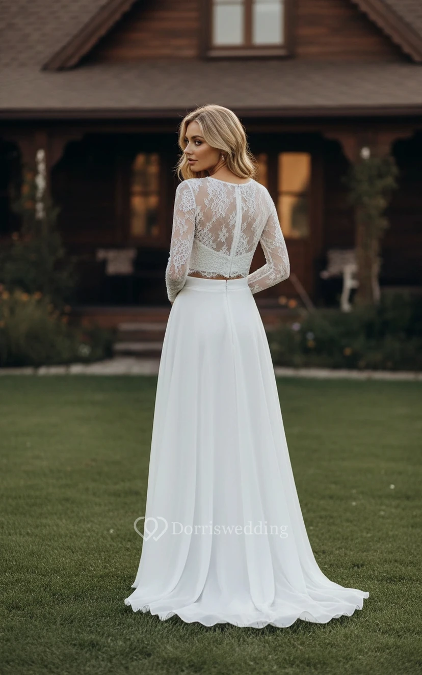Vestido de novia bohemio de dos piezas con encaje: top corto de manga larga y falda de gasa vaporosa. view 2