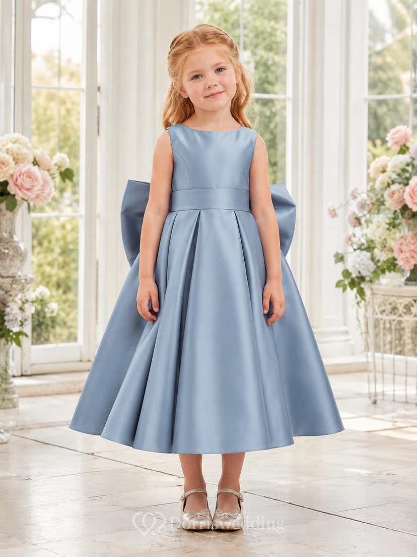 Princess Satin Flower Girl Dress with Puff Sleeves