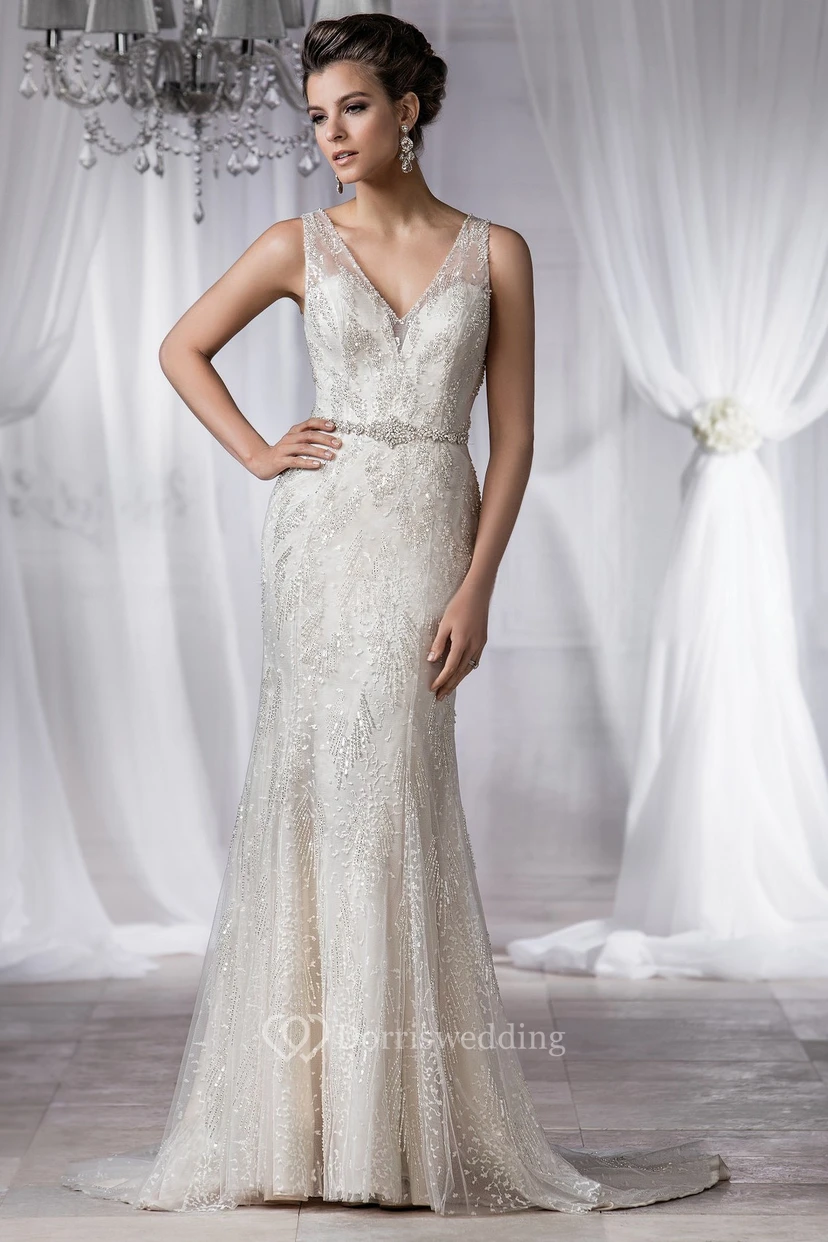 V-Neck Sleeveless Mermaid Wedding Dress With Beadings And Deep V-Back