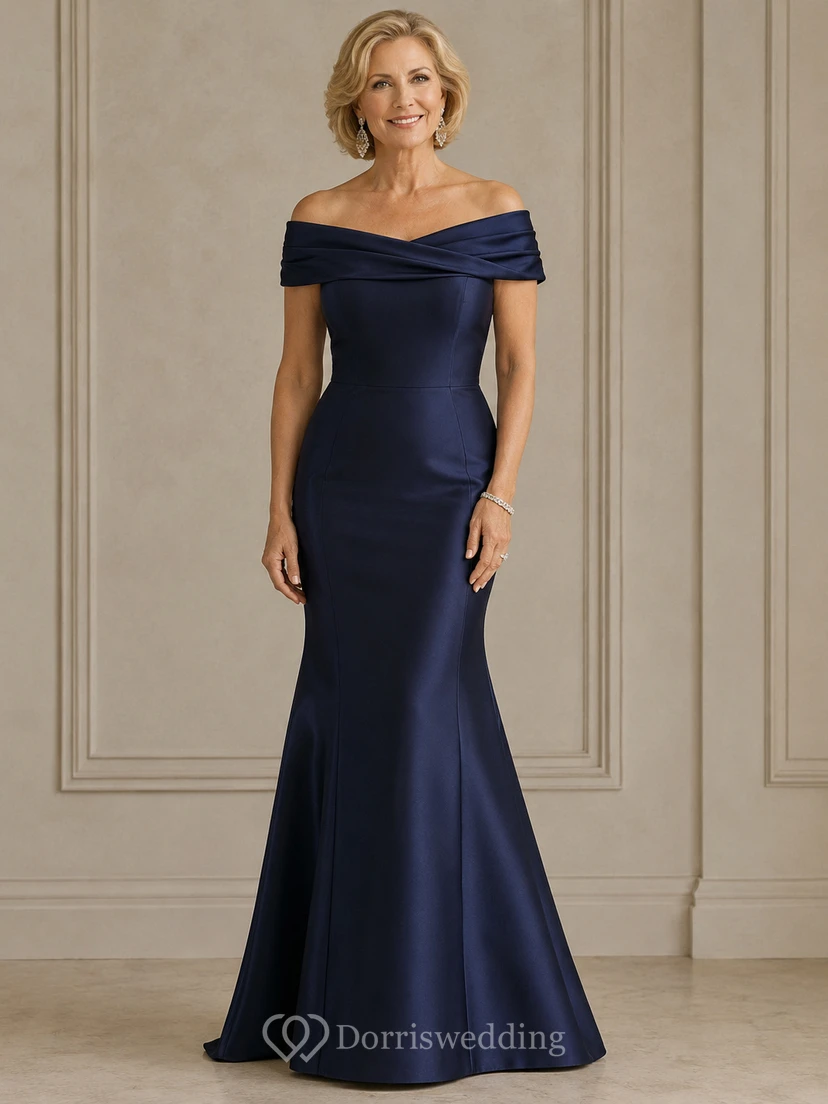 Meerjungfrauen-Kleid aus Stretch-Satin mit kurzen Ärmeln und Raffungen, schulterfrei