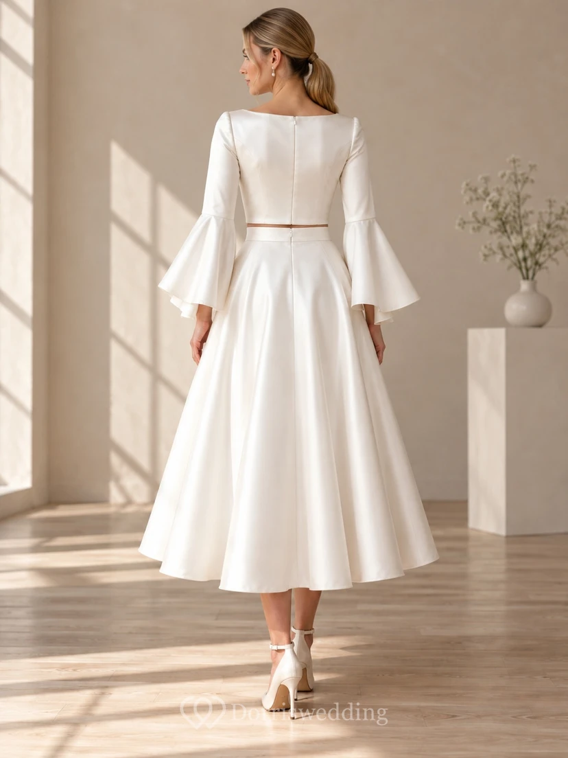 Tea-length Two Piece Boat Neck Bell Sleeve Satin Wedding Dress view 2