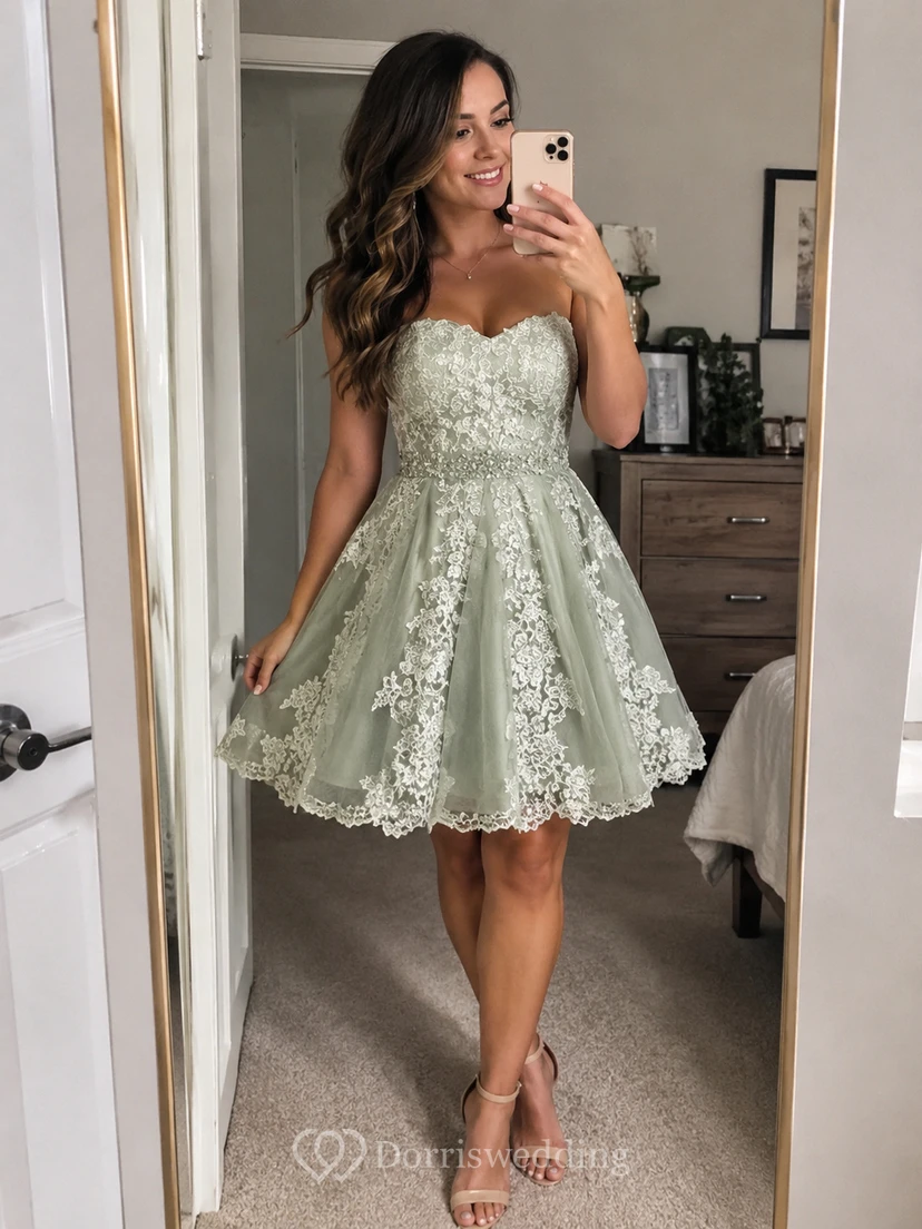 Ärmelloses, kurzes Mini-Abendkleid in A-Linie aus Spitze und Tüll mit Herzausschnitt, offenem Rücken und Reißverschluss view 9