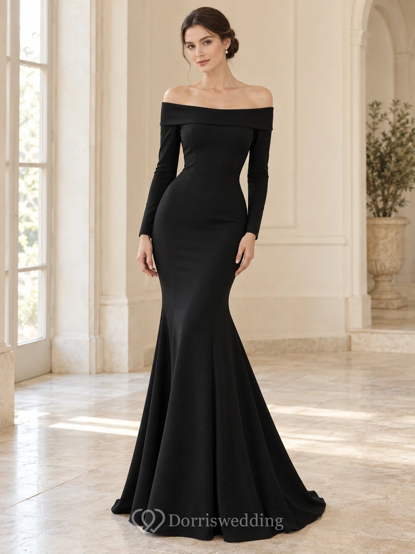 Robe de soirée sirène noire simple à manches longues et épaules dénudées, longueur au sol