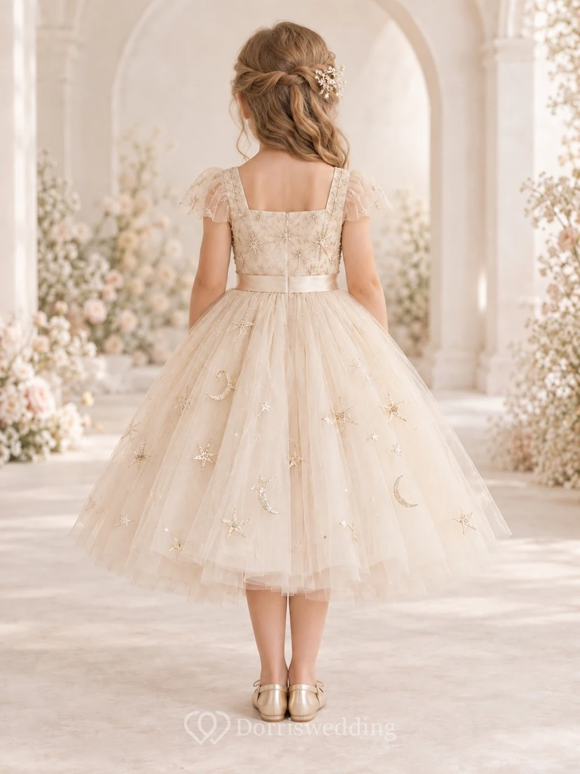 Square Neck Tea-length Champagne Celestial Flutter Sleeve Tulle Flower Girl Dress view 2