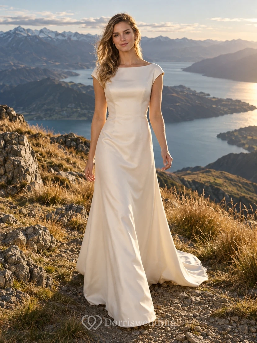 Schlichtes, ärmelloses Brautkleid aus Satin mit U-Boot-Ausschnitt und Schleppe