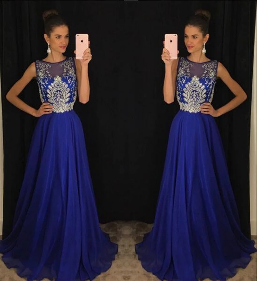 Gorgeous Dark Royal Blue Sleeveless Evening Dresses Long Chiffon With Appliques Beadings view 2