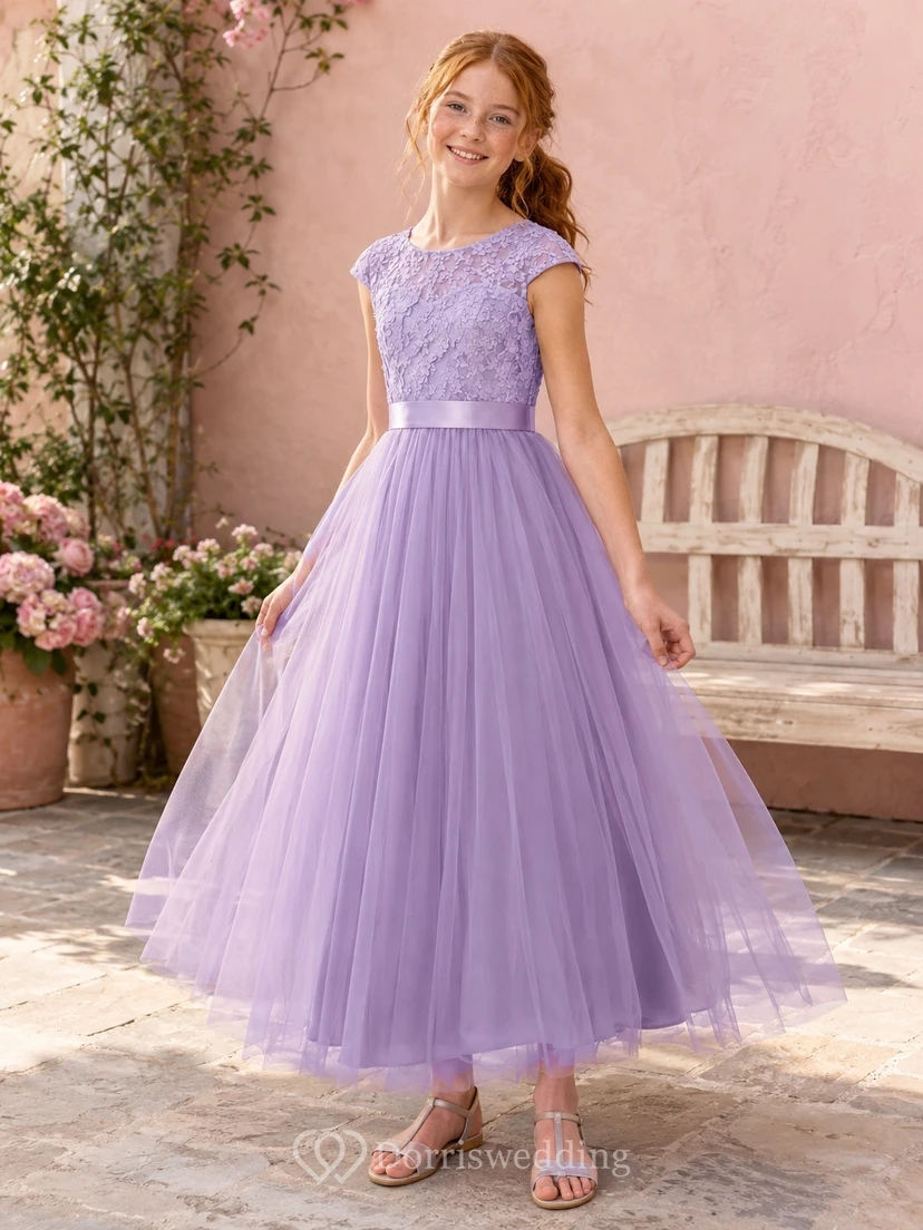 Lavendelfarbenes Brautjungfernkleid für junge Damen, A-Linie, eckiger Schnitt, kurze Flügelärmel, Spitze, Tüll, bezaubernd, romantisch