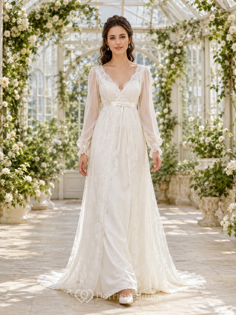 Romantic V Neck Lace Wedding A Line Long Illusion Sleeve Court Train