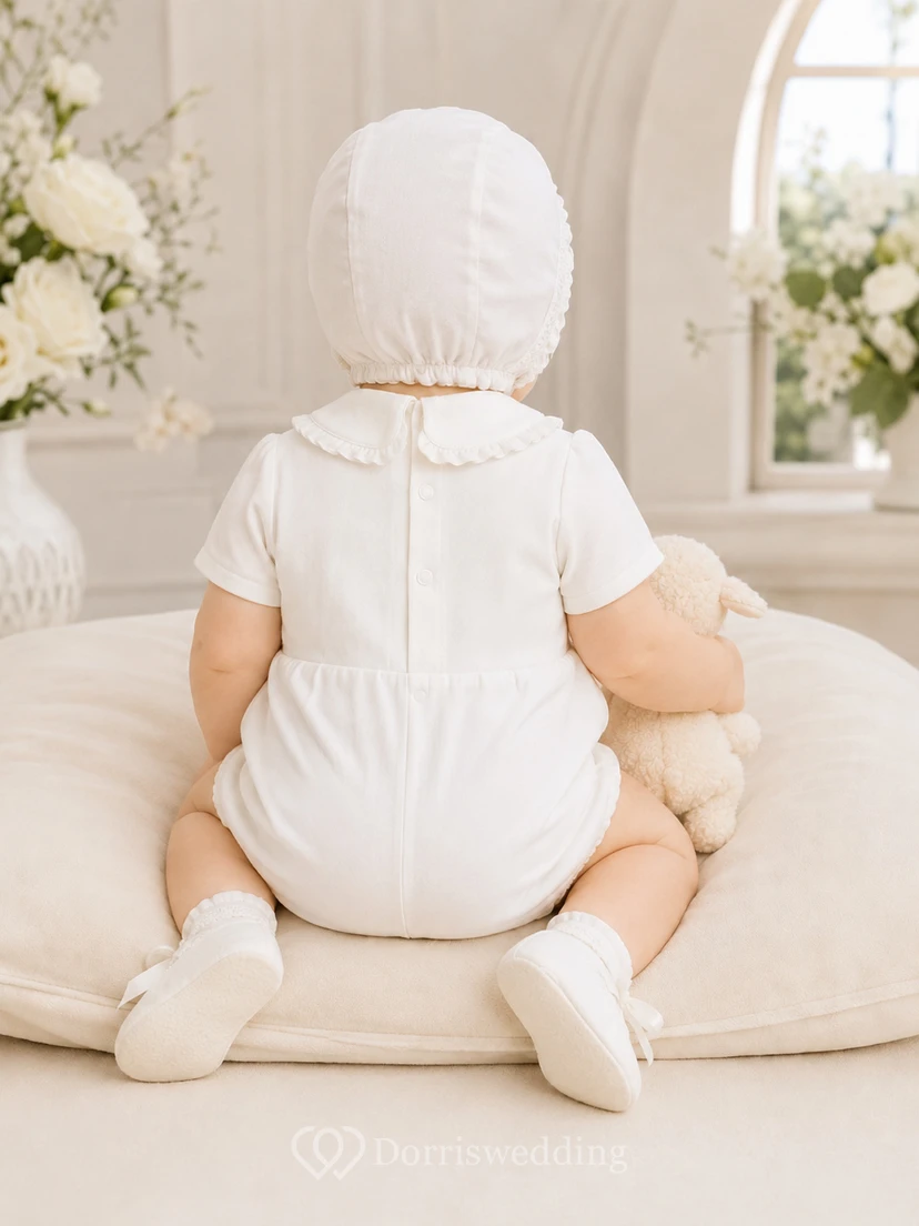 Schlichter weißer Kurzarm-Baby-Tauf-Strampler mit Kreuzstickerei view 2