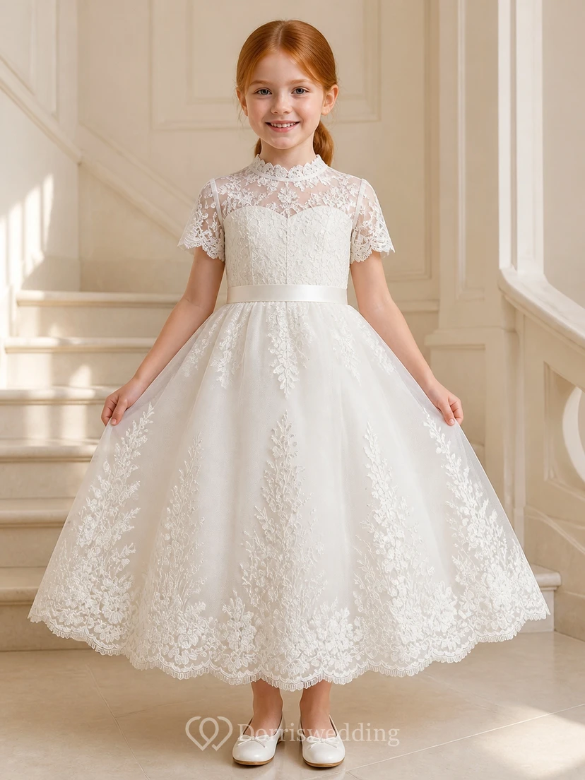 Modest Flower Girl Tea-length A-Line High Neck Lace Dress