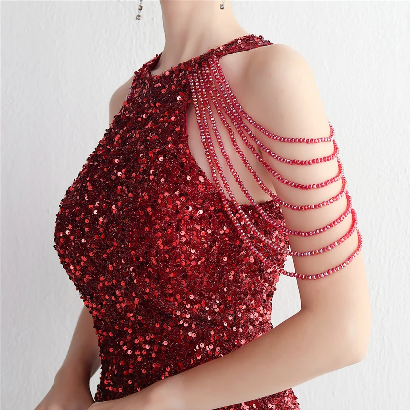 Heavy-Duty Glass Bead Craft Beaded Banquet Evening Dress Temperament Elegant Long Halter Neck Slit Sequins view 49