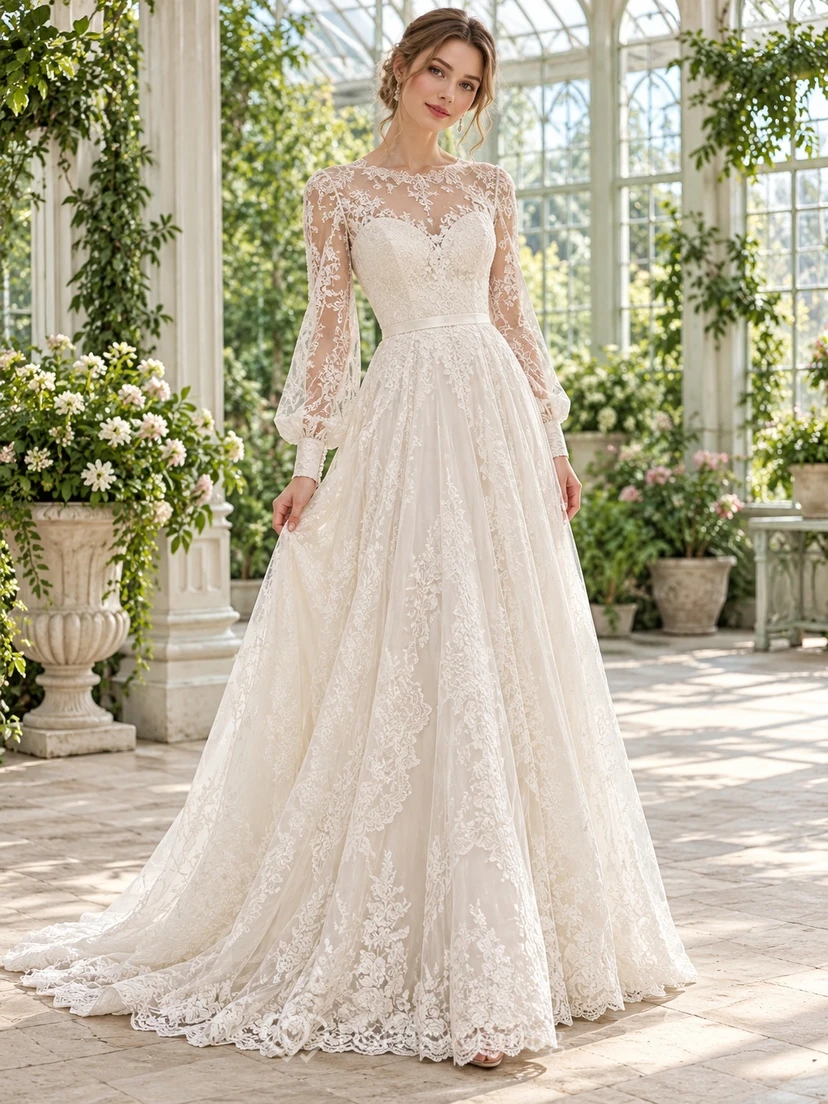 Vintage Long Sleeve Bateau Sweetheart Lace A-Line Bridal Wedding Dress