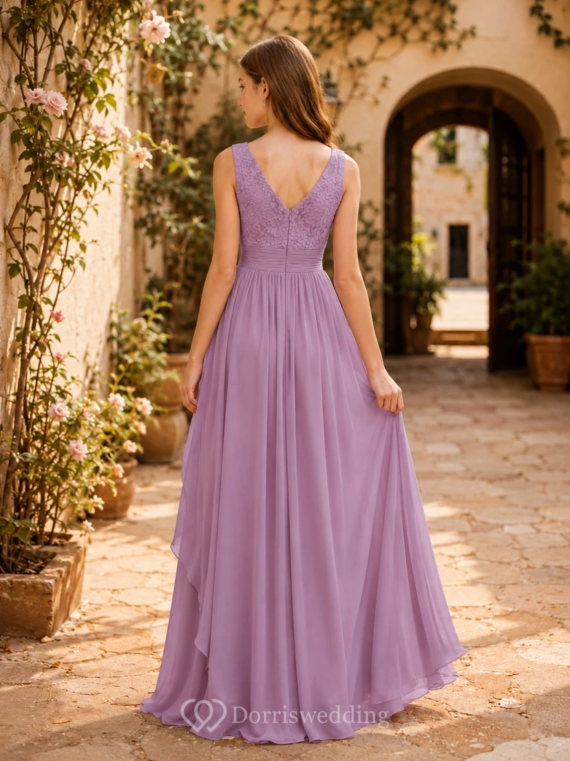 Lavendelfarbenes Brautjungfernkleid für junge Frauen, A-Linie, V-Ausschnitt, ärmellos, Spitze, romantisch view 2