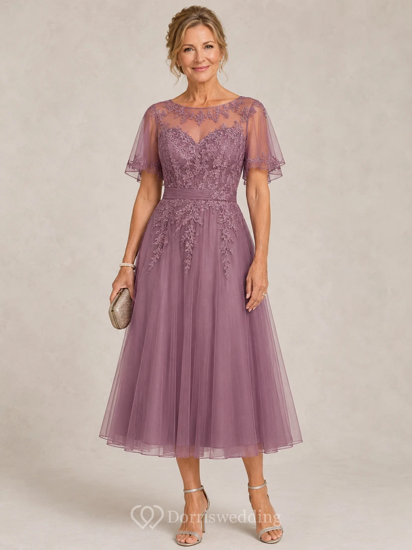 A-Line Tea-Length Bateau Short Sleeve Tulle Mother Dress with Lace