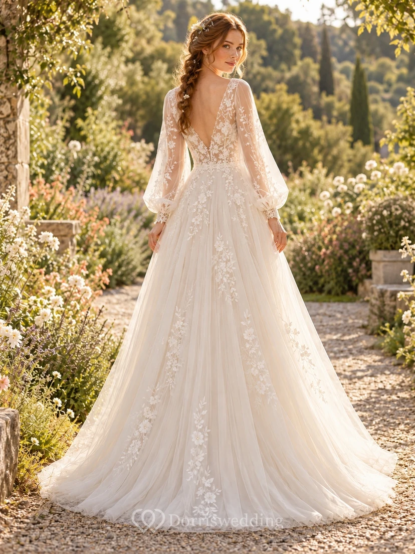 Boho Long Poet Sleeve V-neck Floral Tulle A-Line Wedding Dress view 2