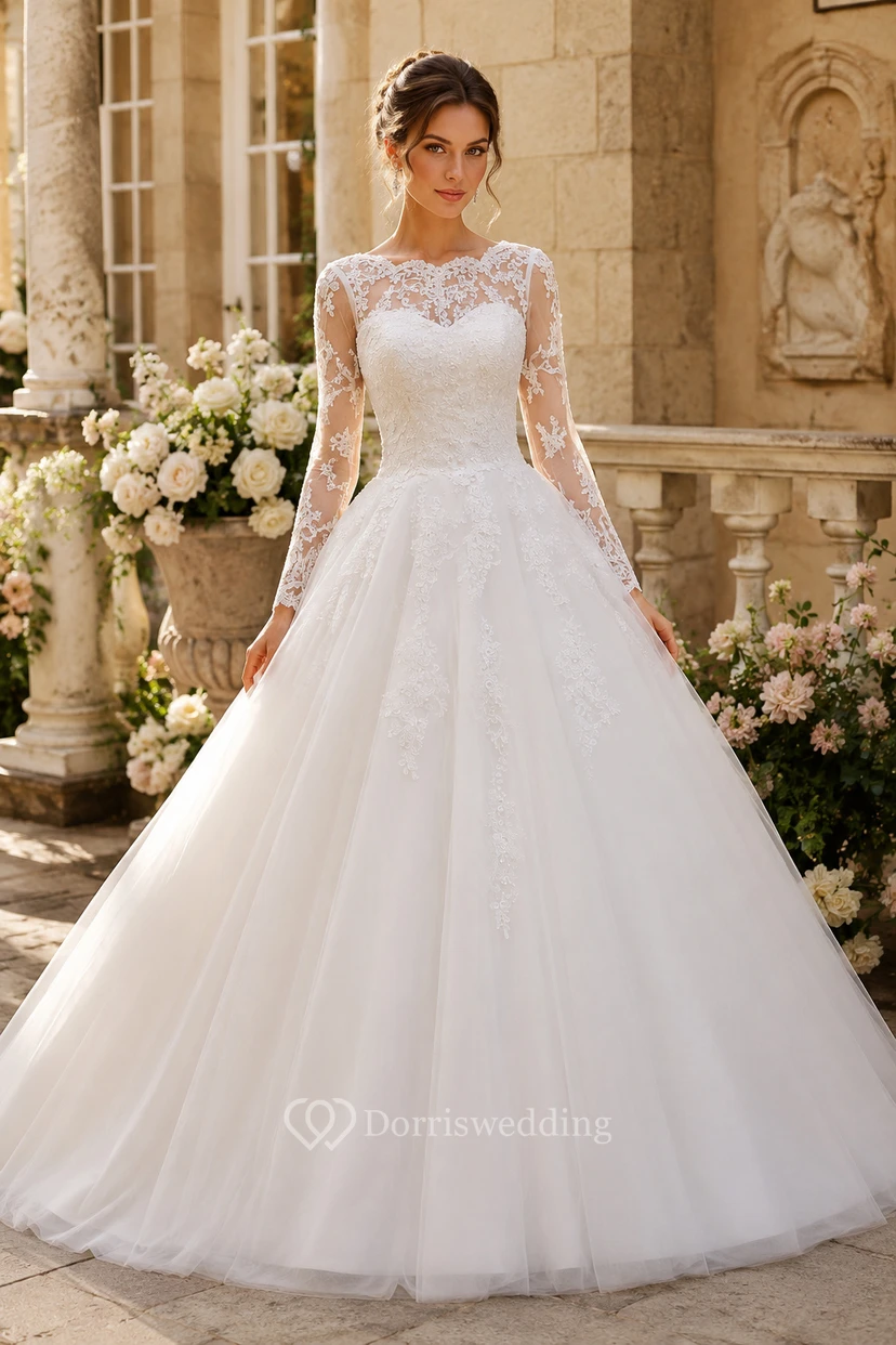 A-Linien-Kleid mit langen Ärmeln, Applikationen, Kapellenschleppe, Reißverschluss und Schnürung am Rücken, Tüllspitze und Pailletten