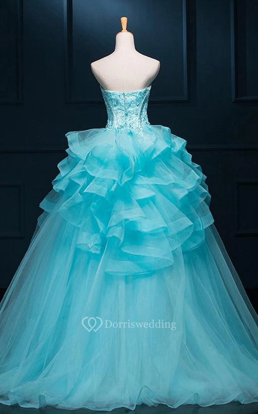 Ball Gown Long Straps Sleeveless Bell Appliques Ruffles Zipper Straps Tulle Sequins Dress view 2