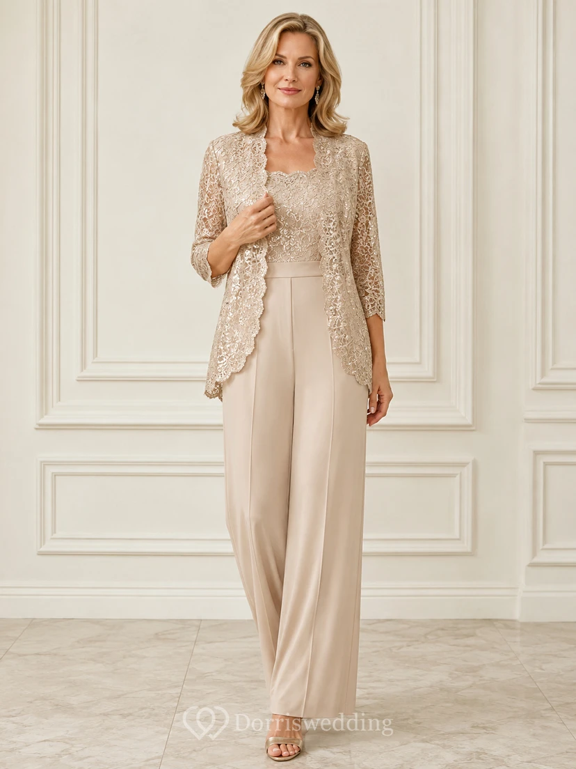 Conjunto de pantalón y chaqueta Champagne Mother con chaqueta larga de encaje, corpiño escotado y pantalón de pierna ancha.