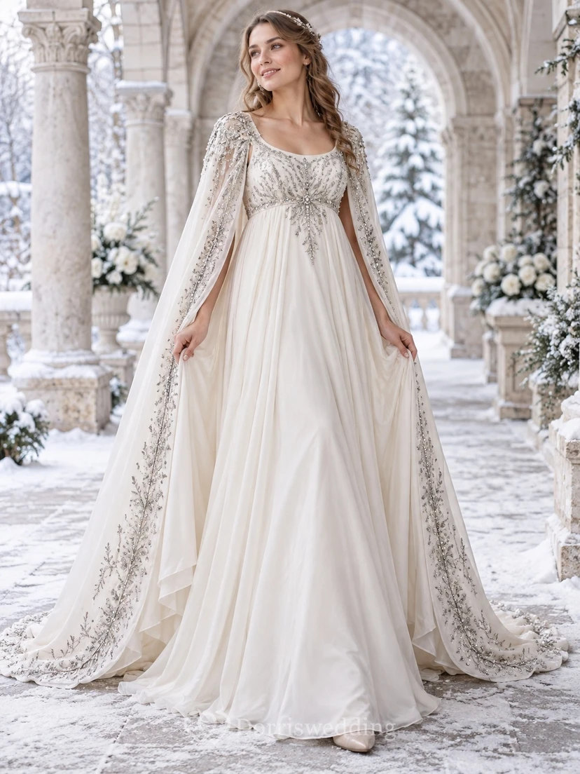 Vestido de novia de invierno con escote redondo, capa plateada bordada con motivos botánicos y caída fluida, corte en A.