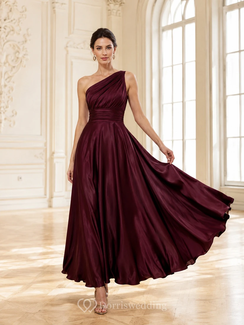 Elegant Burgundy Satin Prom A Line Ankle Length One Shoulder Ruched Dress