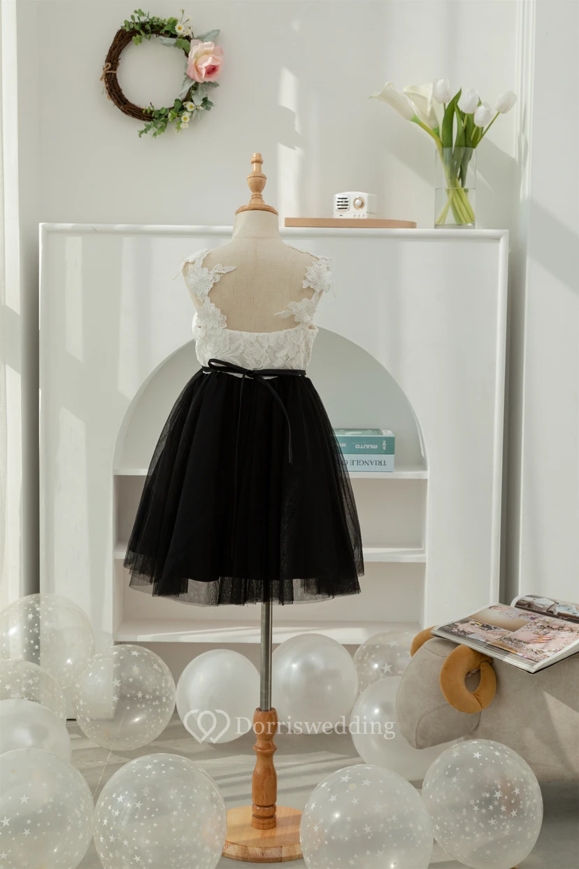 Lace Black and White Short A-line Tulle Flowergirl Dress view 2